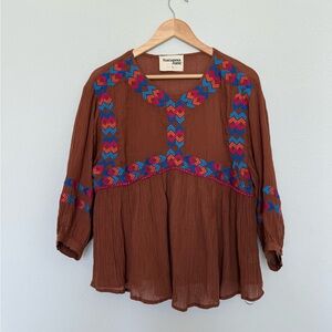 Savanna Jane Brown Peasant Blouse with Pink & Blue Embroidery